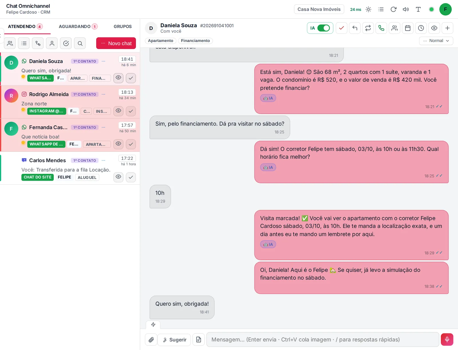 Tela real do chat de uma imobiliária: a IA responde sobre o apartamento do anúncio e marca a visita com o corretor