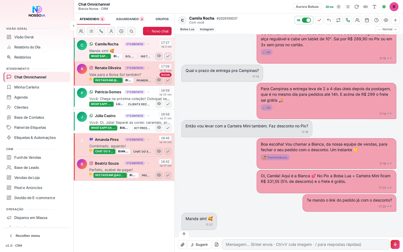 Tela real do chat do NossoIA: a IA responde a cliente sobre uma bolsa, chama a vendedora na hora do desconto e a conversa segue com a equipe